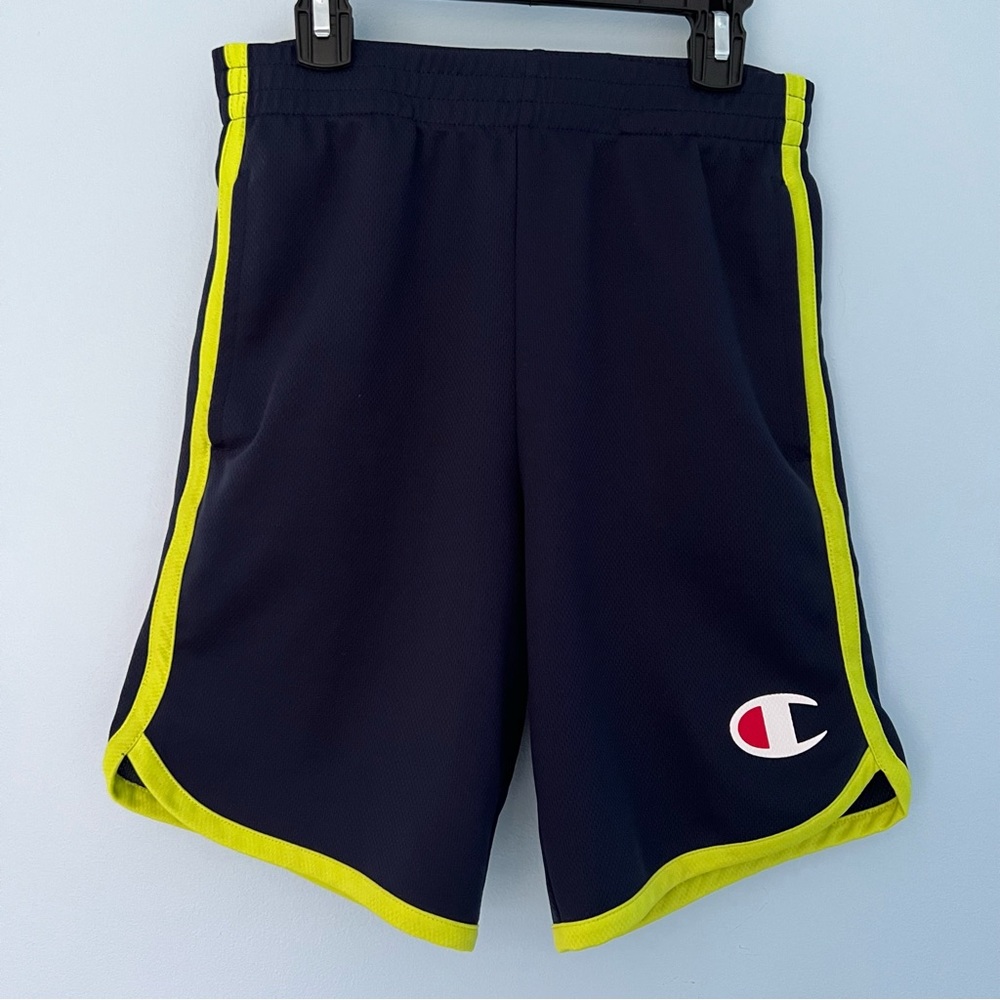Champion Boys Mesh Contrast Binding Shorts, Navy w/Lime Green Stripe, Youth L